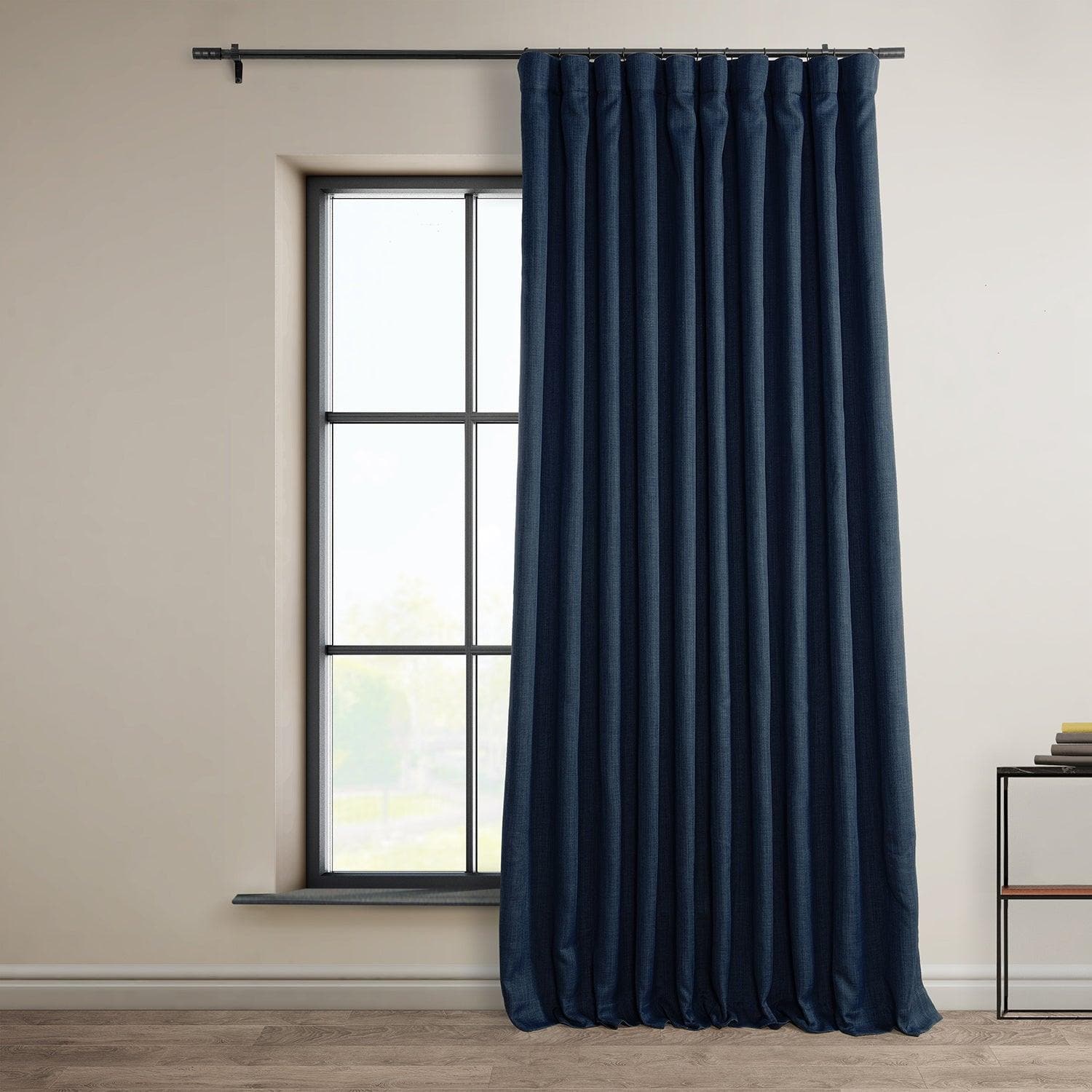 Indigo Extra Wide Textured Faux Linen Room Darkening Curtain