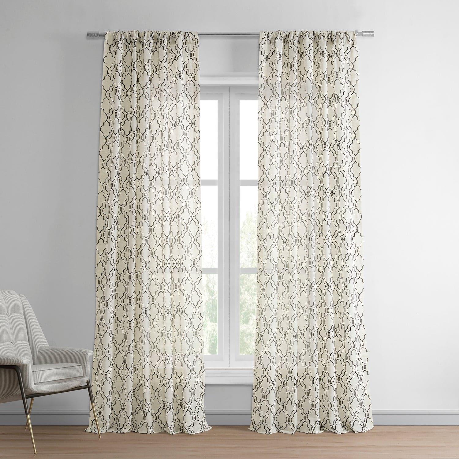 Saida Chocolate Embroidered Patterned Faux Linen Sheer Curtain