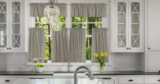 grey valances over kitchen windows