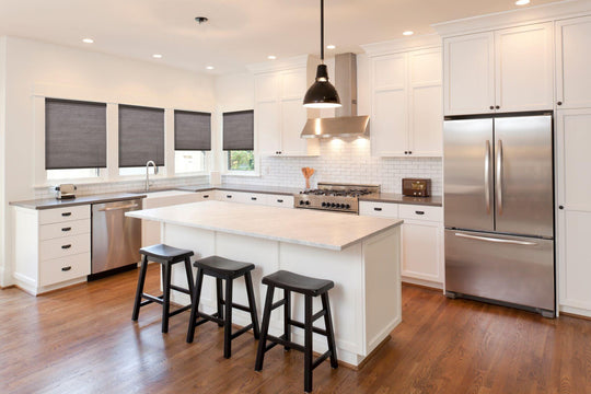 open kitchen with custom cellular shades