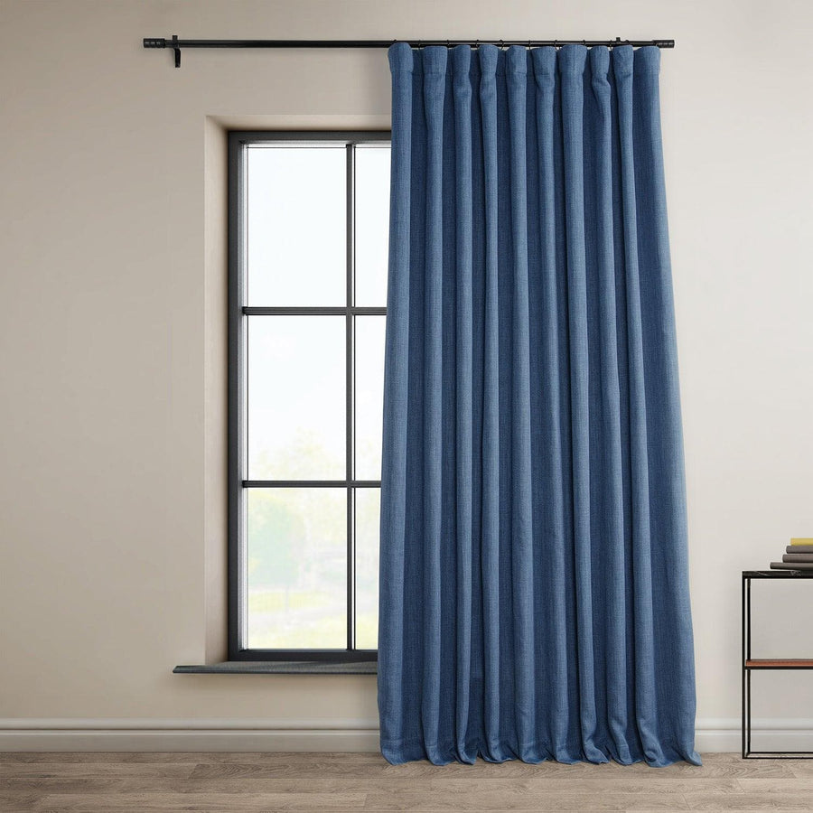 Denim Extra Wide Textured Faux Linen Room Darkening Curtain