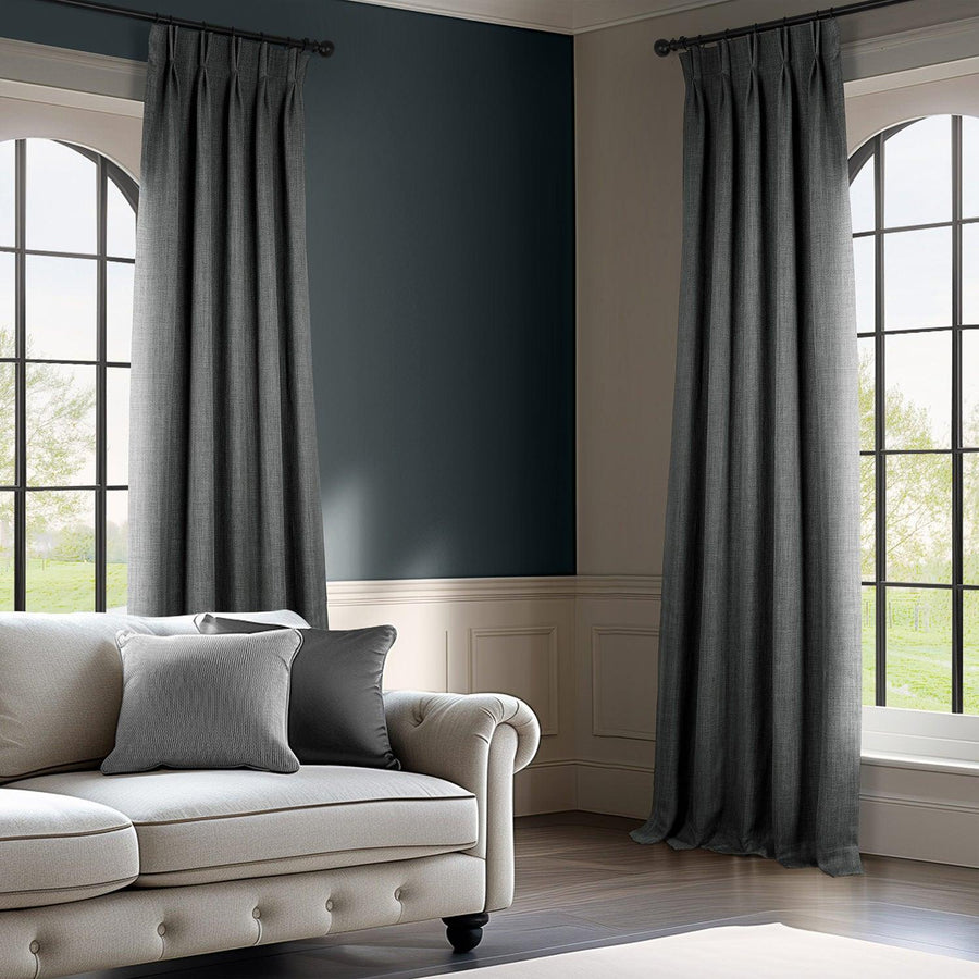 Dark Gravel French Pleat Textured Faux Linen Room Darkening Curtain