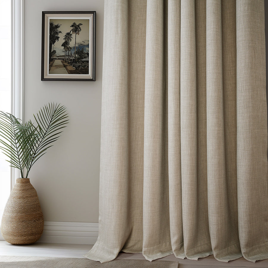 Thatched Tan French Pleat Textured Faux Linen Room Darkening Curtain