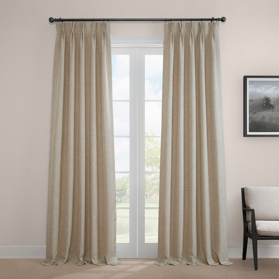 Thatched Tan French Pleat Textured Faux Linen Room Darkening Curtain