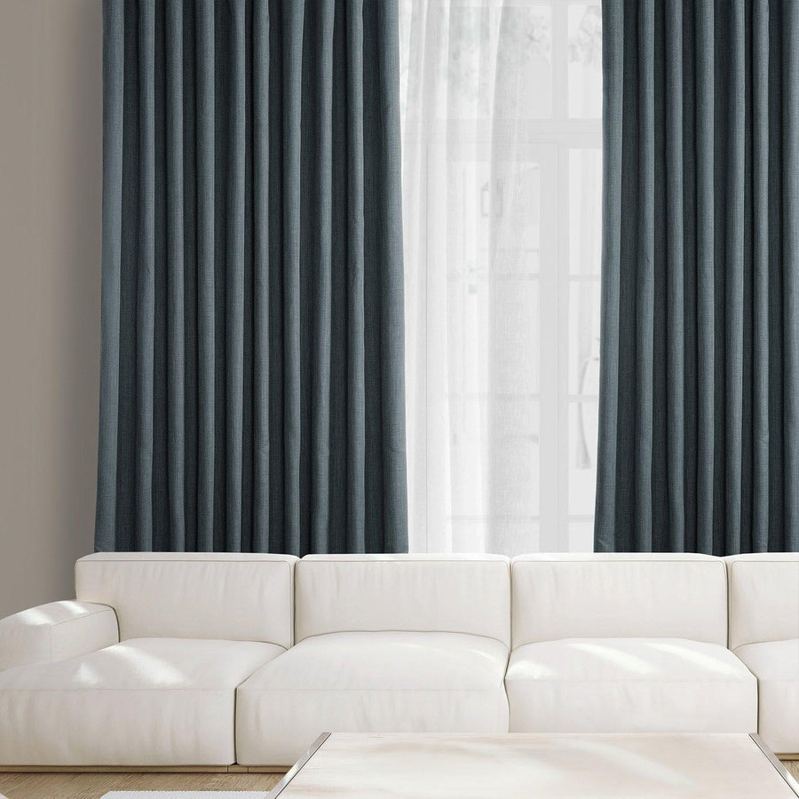 Reverie Blue Textured Faux Linen Custom Curtain