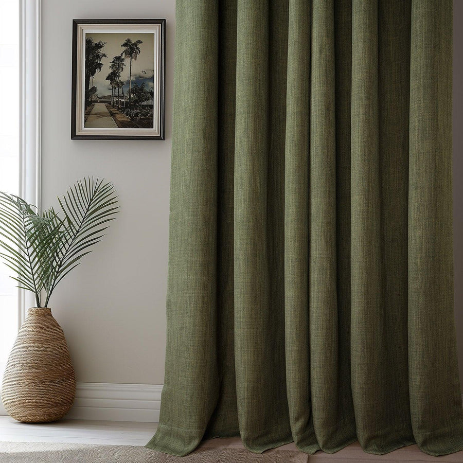 Khaki Green French Pleat Textured Faux Linen Room Darkening Curtain