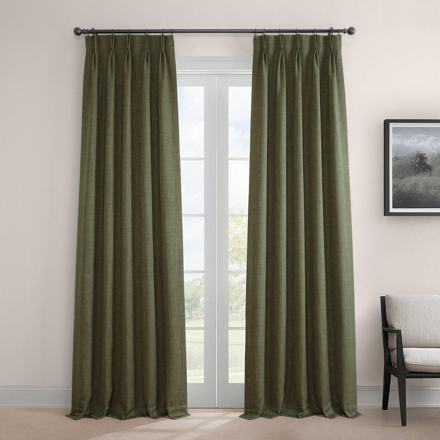 Khaki Green French Pleat Textured Faux Linen Room Darkening Curtain