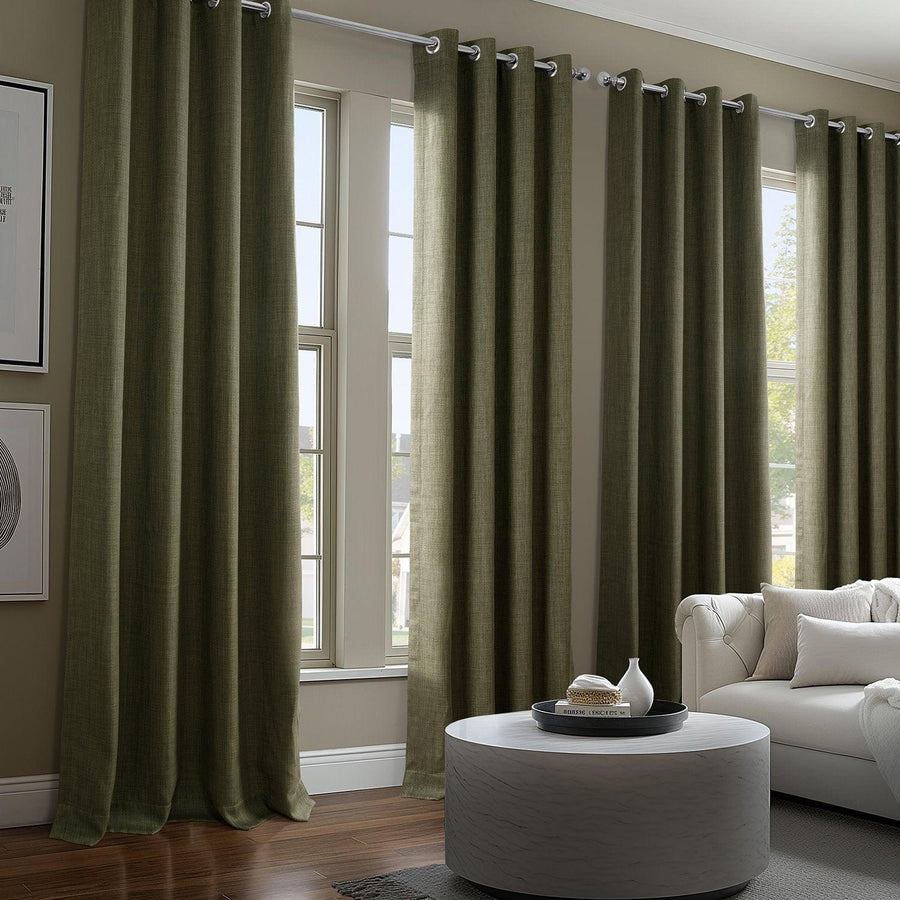 Khaki Green Grommet Textured Faux Linen Room Darkening Curtain - HalfPriceDrapes.com