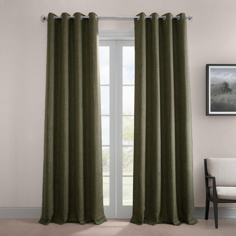 Khaki Green Grommet Textured Faux Linen Room Darkening Curtain - HalfPriceDrapes.com