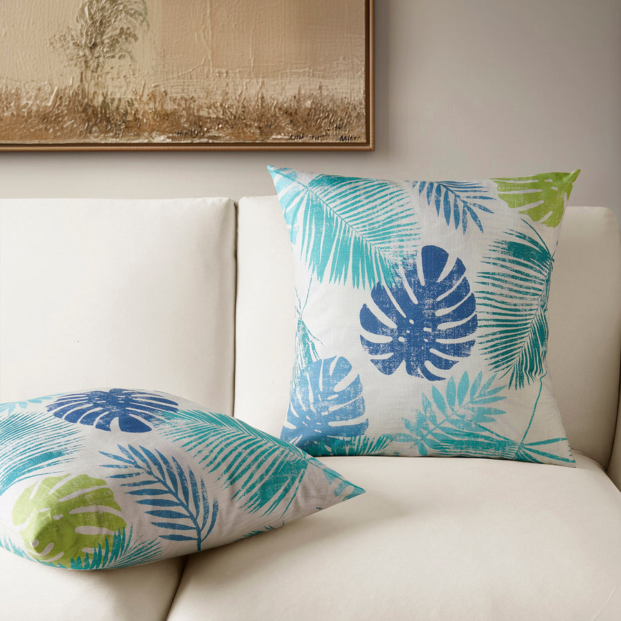 Rain Forest Light Blue Green Floral Textured Printed Cotton Cushion Covers - Pair