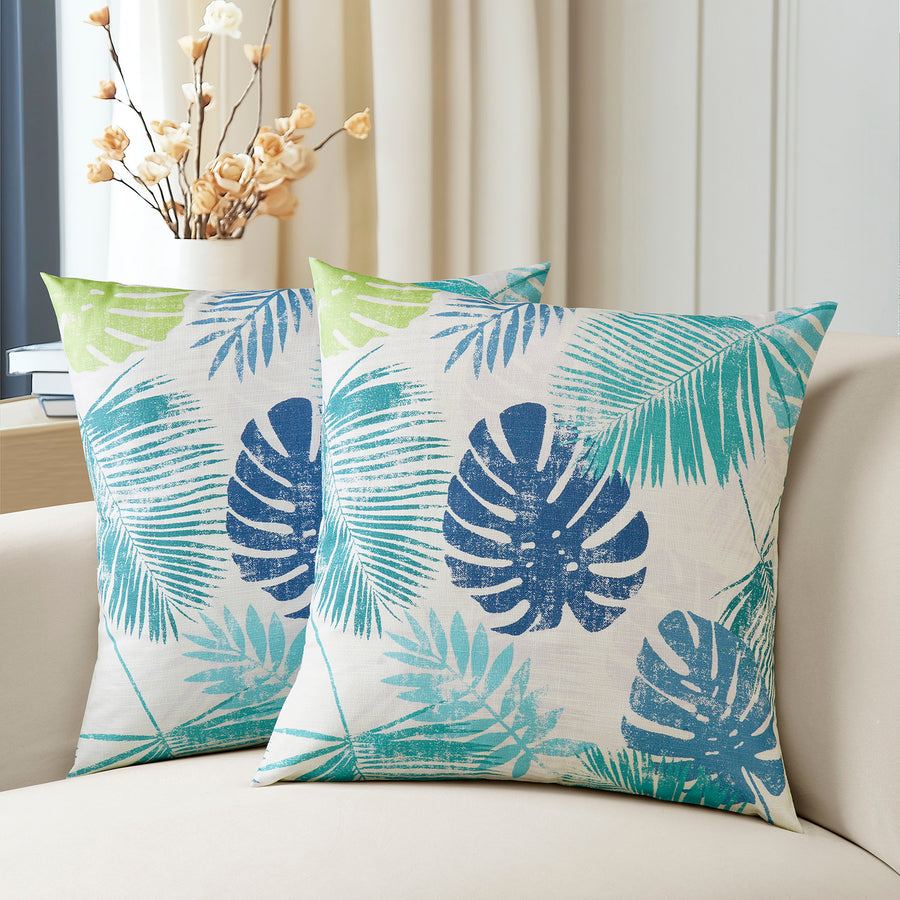 Rain Forest Light Blue Green Floral Textured Printed Cotton Cushion Covers - Pair