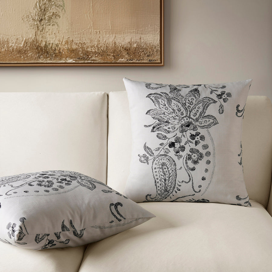 Lotus Black Floral Textured Printed Cotton Cushion Covers - Pair