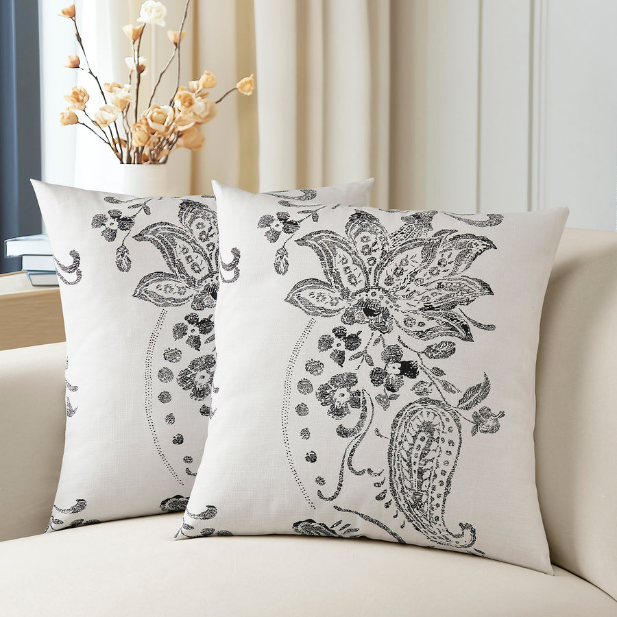 Lotus Black Floral Textured Printed Cotton Cushion Covers - Pair