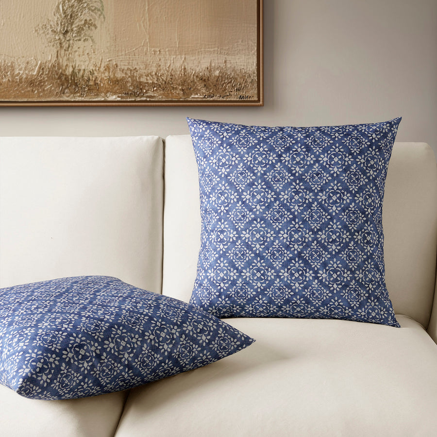 Splash Indigo Geometric Textured Printed Cotton Cushion Covers - Pair