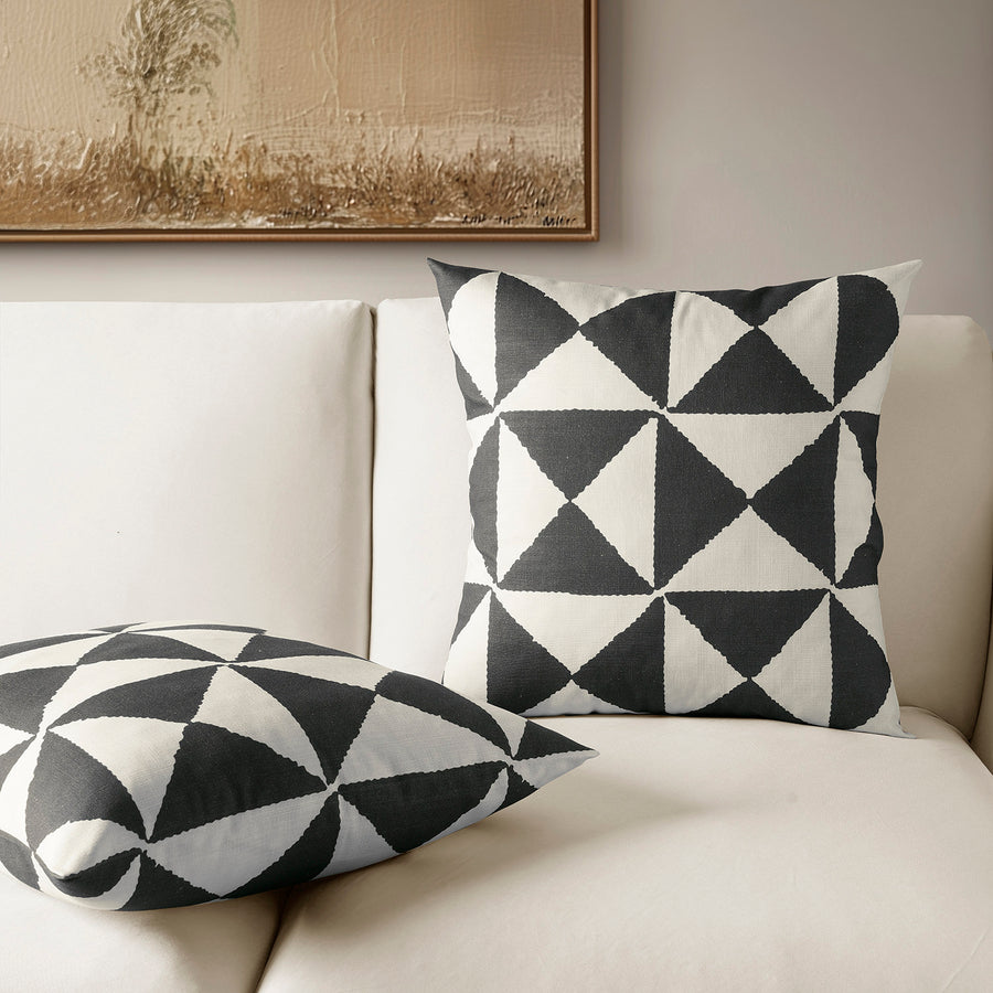 X Block Black Geometric Textured Printed Cotton Cushion Covers - Pair