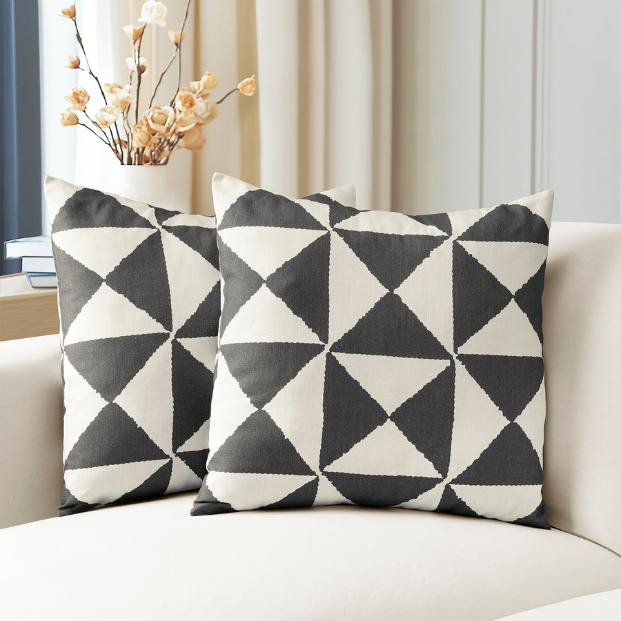 X Block Black Geometric Textured Printed Cotton Cushion Covers - Pair