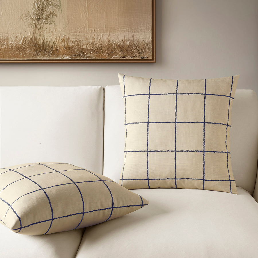 Window Pane Blue Plaid Textured Printed Cotton Cushion Covers - Pair