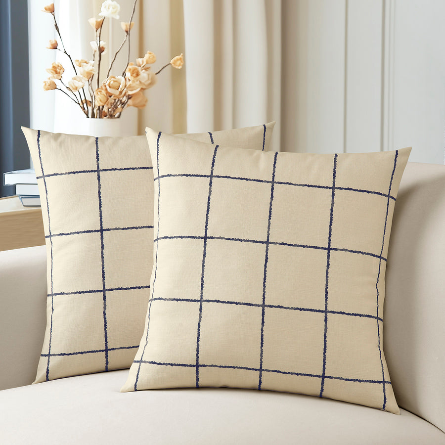 Window Pane Blue Plaid Textured Printed Cotton Cushion Covers - Pair