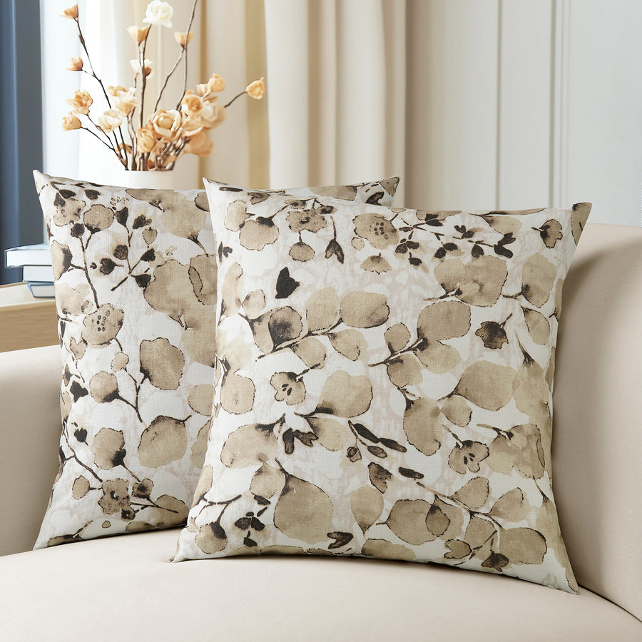 Foiliage Brown Floral Textured Printed Cotton Cushion Covers - Pair