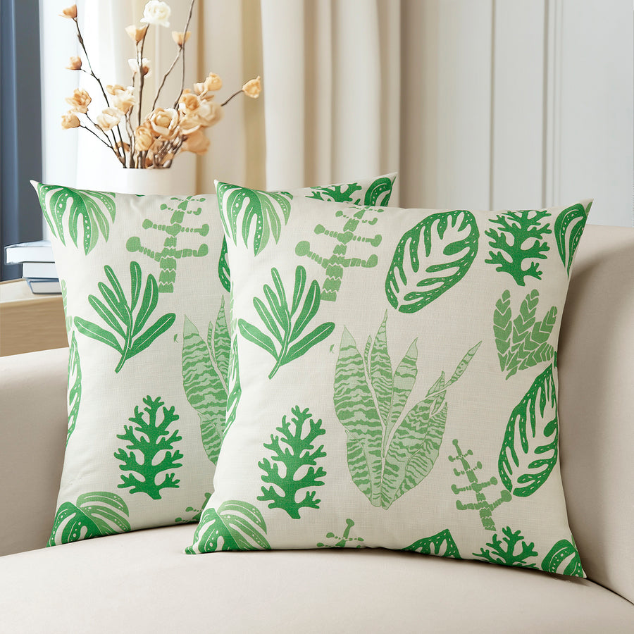 Palm Beach Green Floral Textured Printed Cotton Cushion Covers - Pair