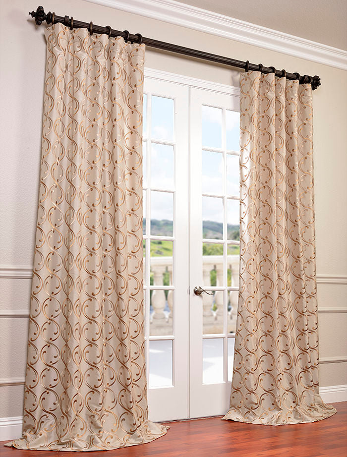 Meandering Vine Damask Embroidered Designer Faux Silk Room Darkening Curtain