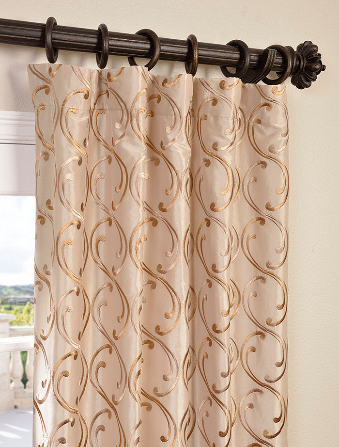 Meandering Vine Damask Embroidered Designer Faux Silk Room Darkening Curtain