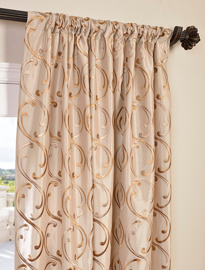 Meandering Vine Damask Embroidered Designer Faux Silk Room Darkening Curtain