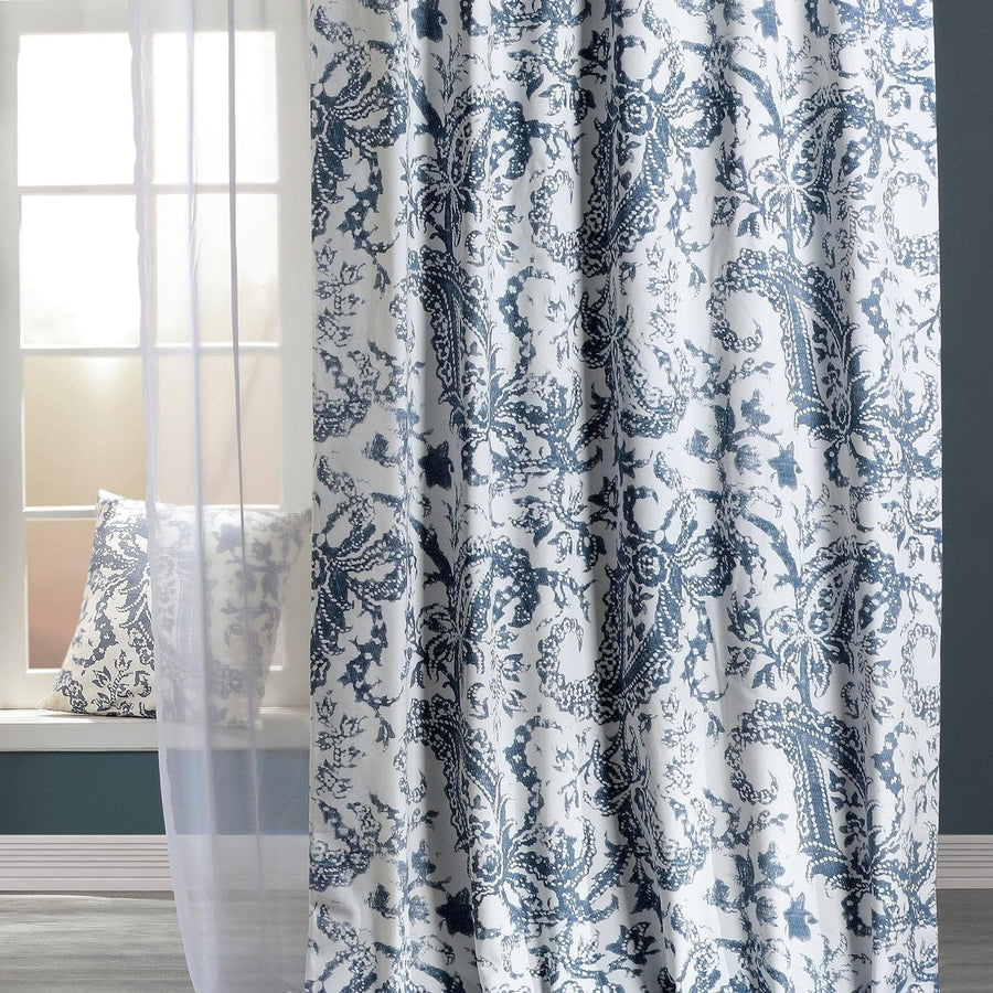 Edina Washed Blue Paisley Printed Cotton Custom Curtain