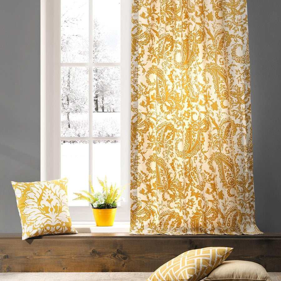 Edina Washed Mustard Paisley Printed Cotton Custom Curtain