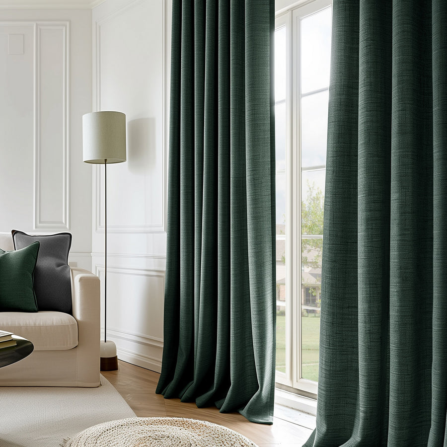 Focal Green Textured Faux Linen Custom Curtain