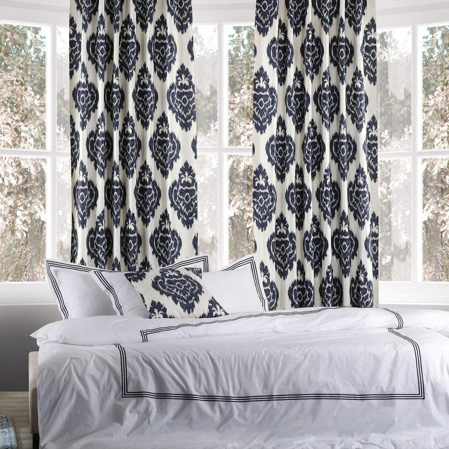 Ikat Blue Damask Printed Cotton Custom Curtain