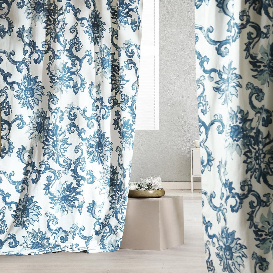 Indonesian Blue Floral Printed Cotton Custom Curtain