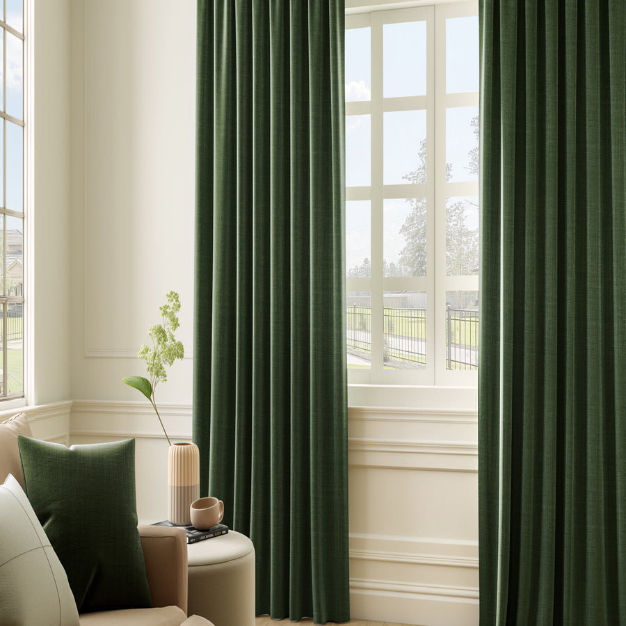 Key Green Textured Faux Linen Custom Curtain