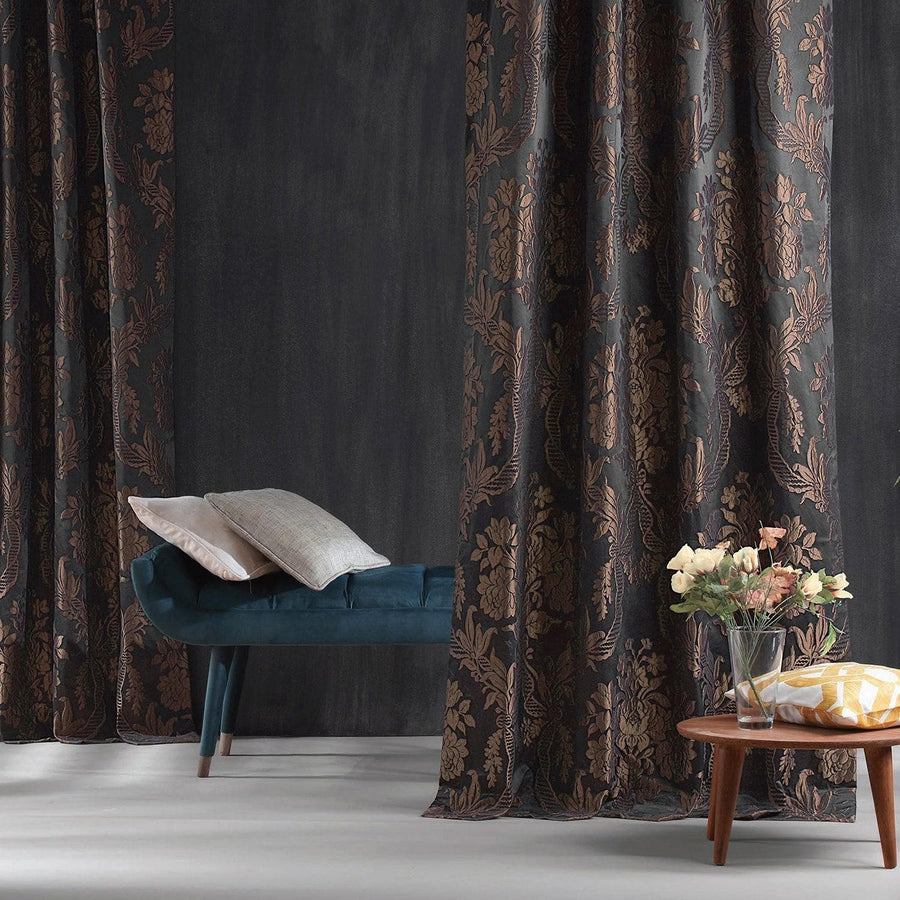 Magdelena Black & Copper Damask Faux Silk Jacquard Custom Curtain