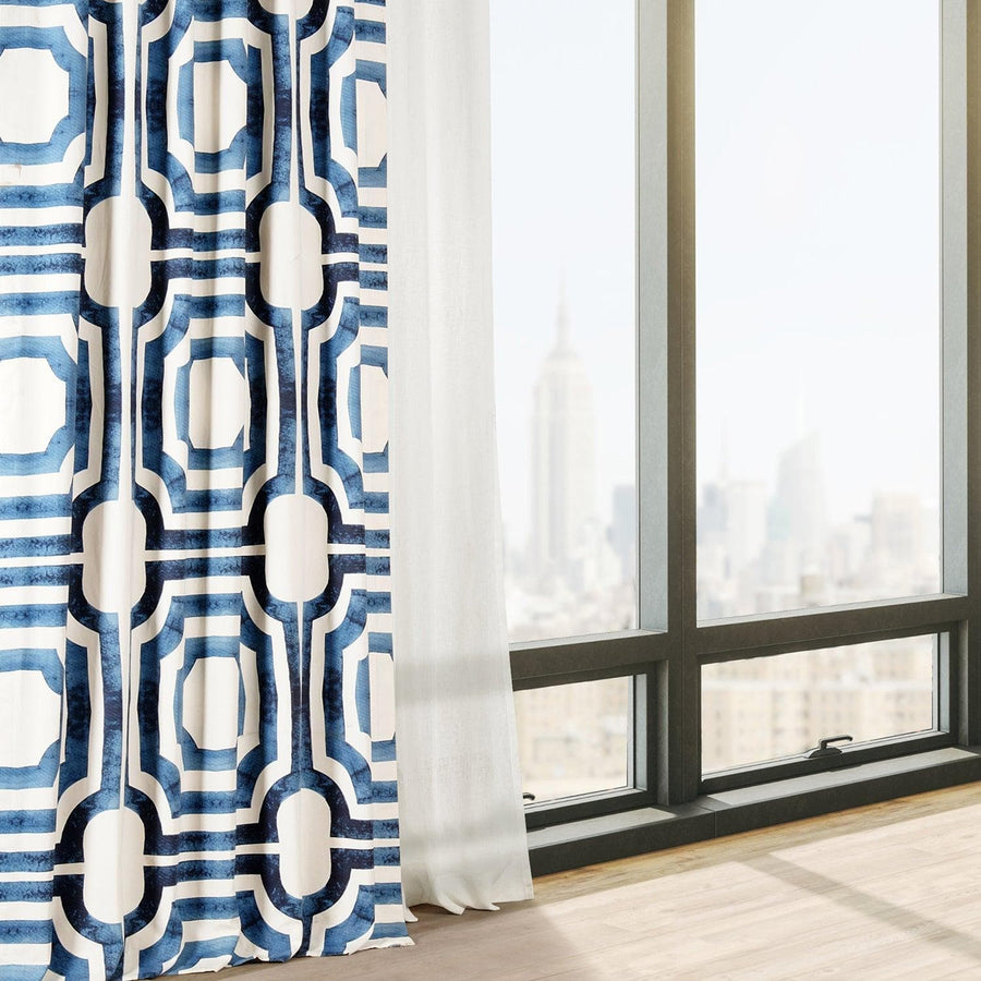 Mecca Blue Geometric Printed Cotton Custom Curtain