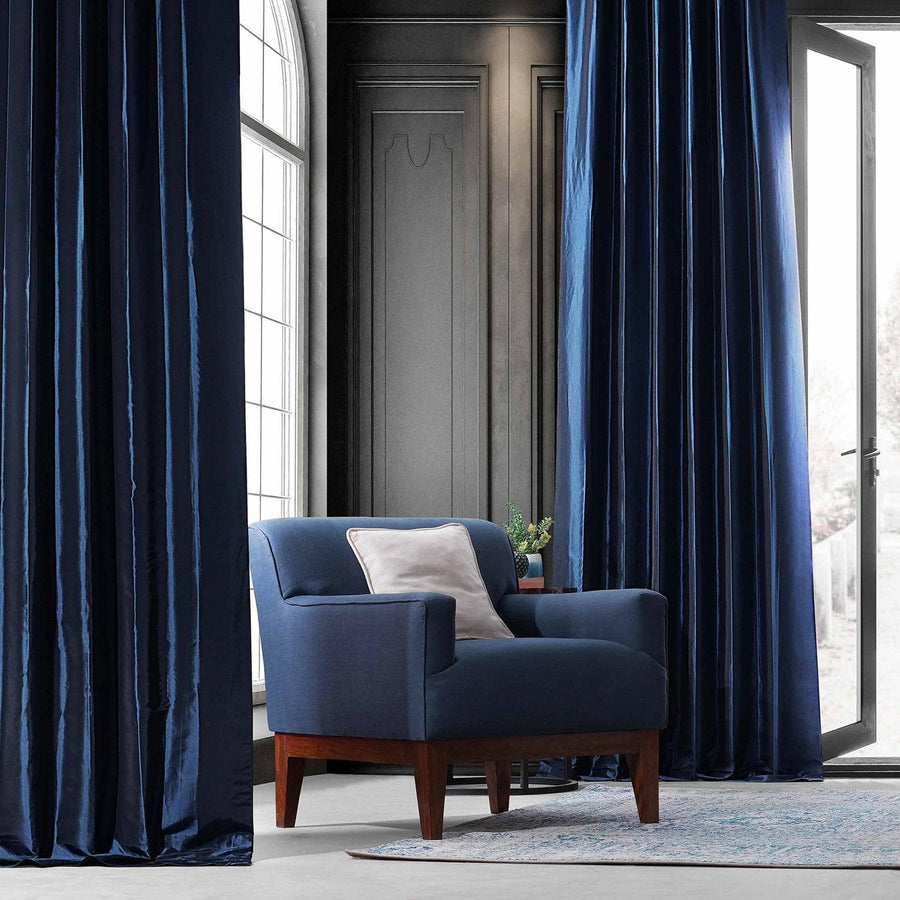 Navy Blue Solid Faux Silk Taffeta Custom Curtain