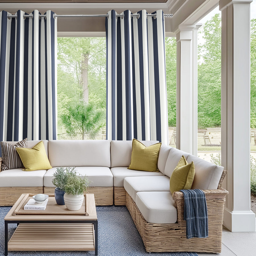 Nautical Navy Blue Striped Grommet Villanova Outdoor Curtain