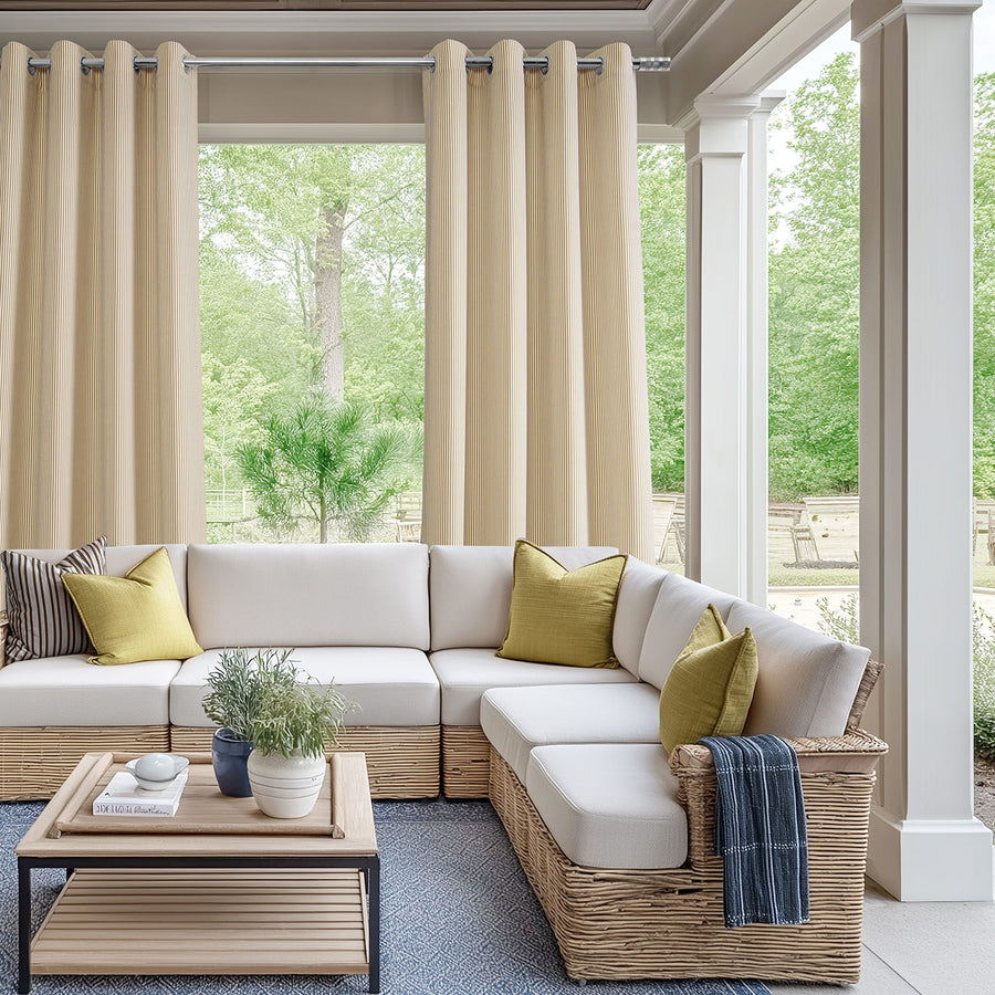 Coastal Beige Thin Striped Grommet Villanova Outdoor Curtain