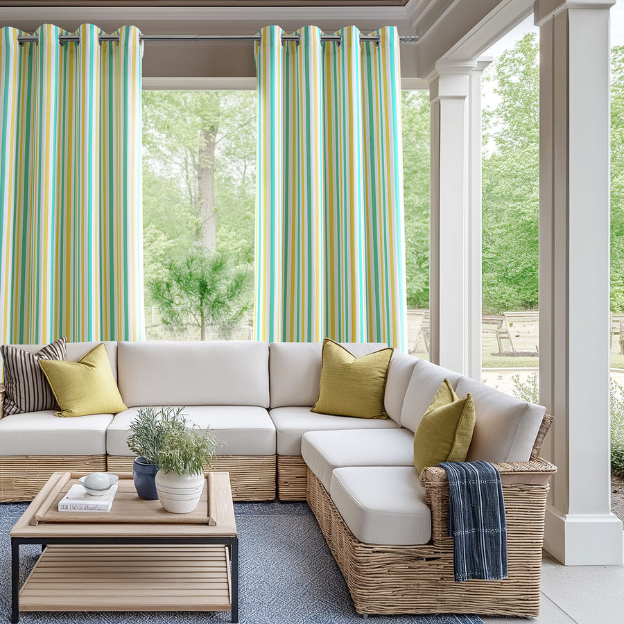 Tropical Sunrise Multi Green & Yellow Striped Grommet Villanova Outdoor Curtain