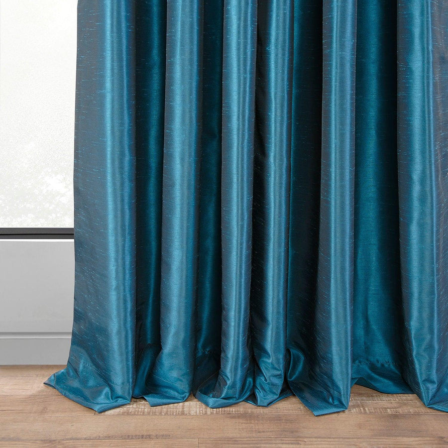 Oceanside Blue French Pleat Vintage Textured Faux Dupioni Silk Blackout Curtain - HalfPriceDrapes.com