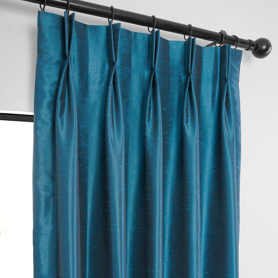 Oceanside Blue French Pleat Vintage Textured Faux Dupioni Silk Blackout Curtain - HalfPriceDrapes.com