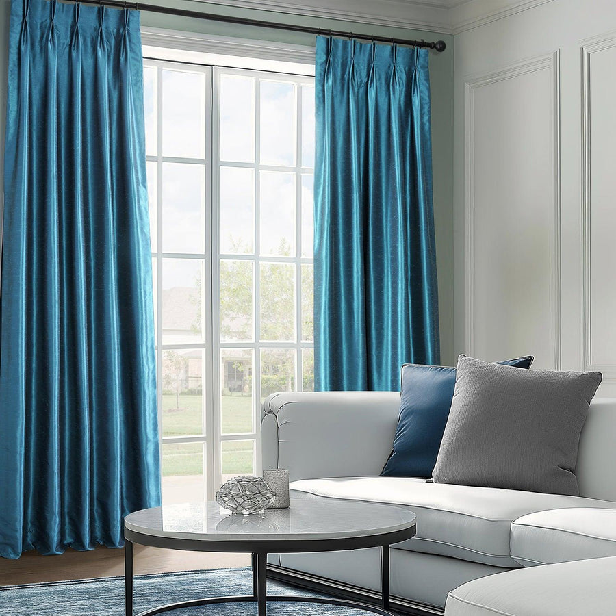 Oceanside Blue French Pleat Vintage Textured Faux Dupioni Silk Blackout Curtain - HalfPriceDrapes.com