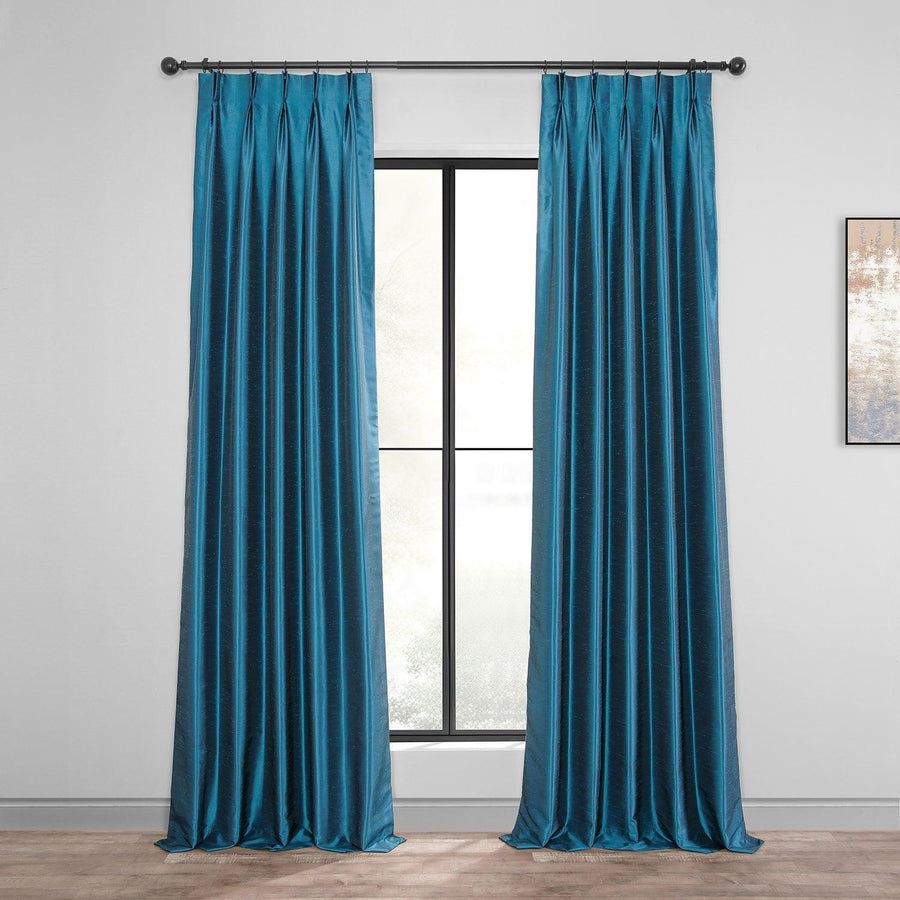 Oceanside Blue French Pleat Vintage Textured Faux Dupioni Silk Blackout Curtain - HalfPriceDrapes.com