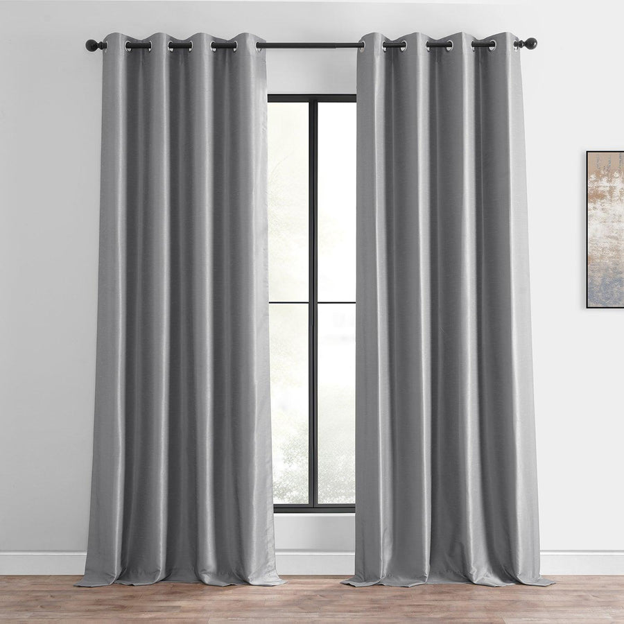 Storm Grey Grommet Vintage Textured Faux Dupioni Silk Blackout Curtain - HalfPriceDrapes.com