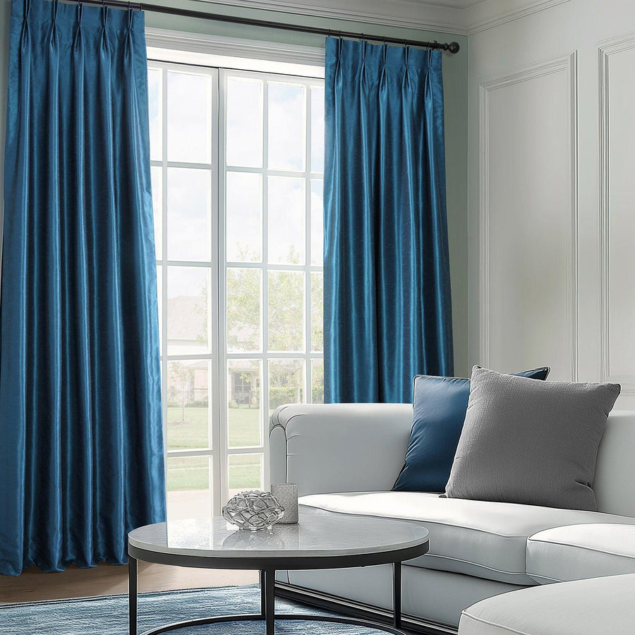 Captain's Blue French Pleat Vintage Textured Faux Dupioni Silk Blackout Curtain - HalfPriceDrapes.com