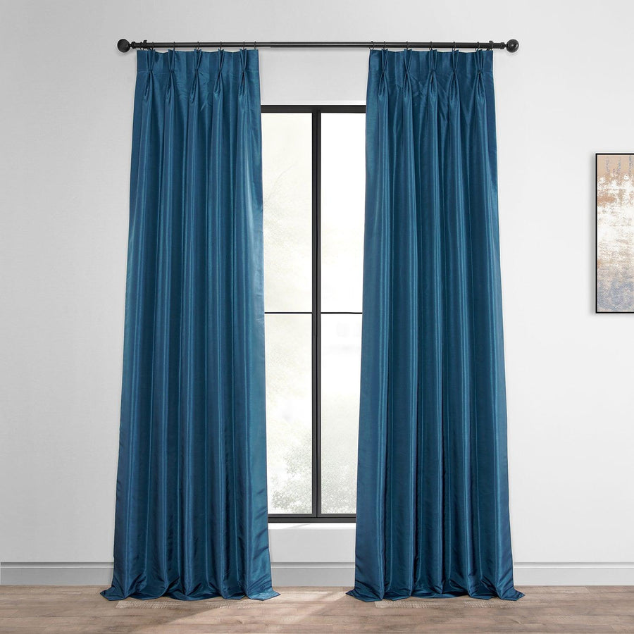 Captain's Blue French Pleat Vintage Textured Faux Dupioni Silk Blackout Curtain - HalfPriceDrapes.com