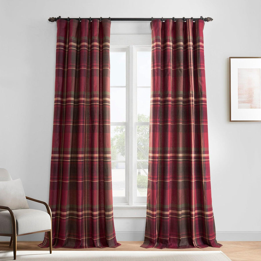 Burgundy Bliss Plaid Heritage Weave Cotton Room Darkening Curtain Pair (2 Panels) - HalfPriceDrapes.com