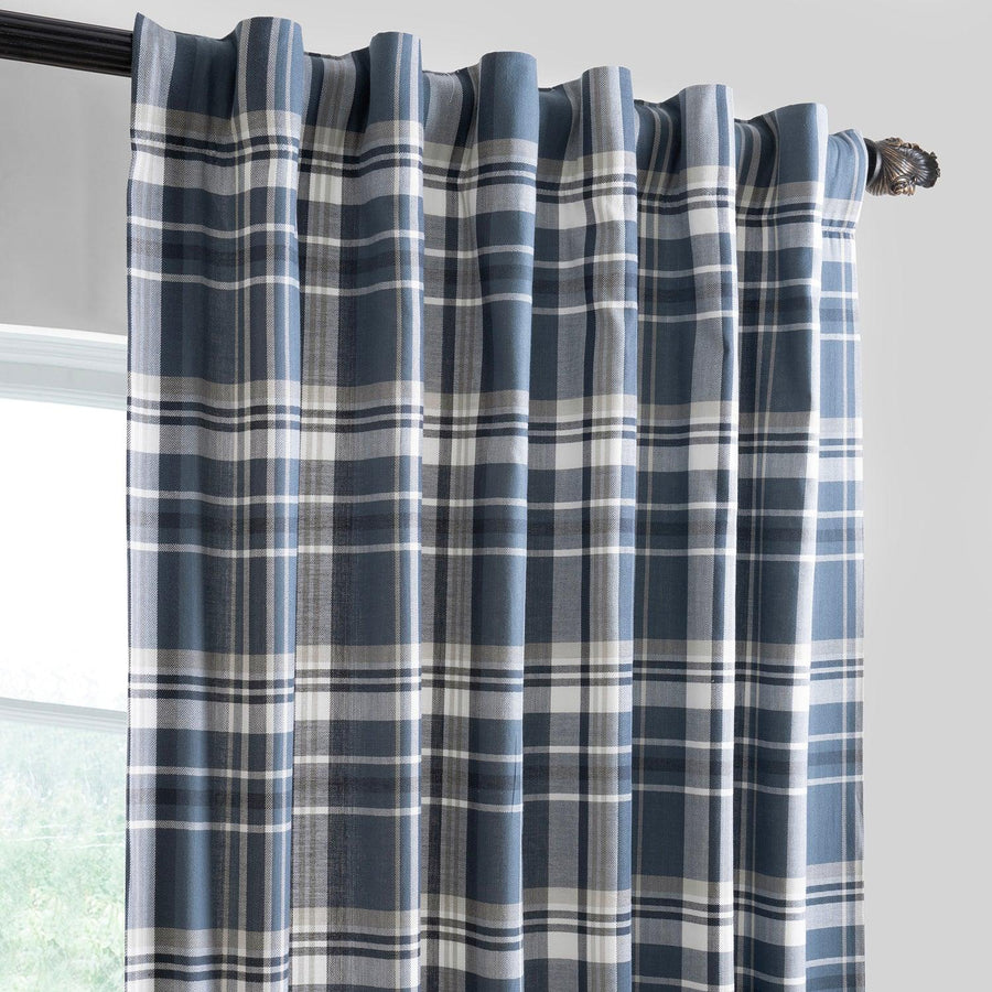 Classic Indigo Plaid Heritage Weave Cotton Room Darkening Curtain Pair (2 Panels) - HalfPriceDrapes.com