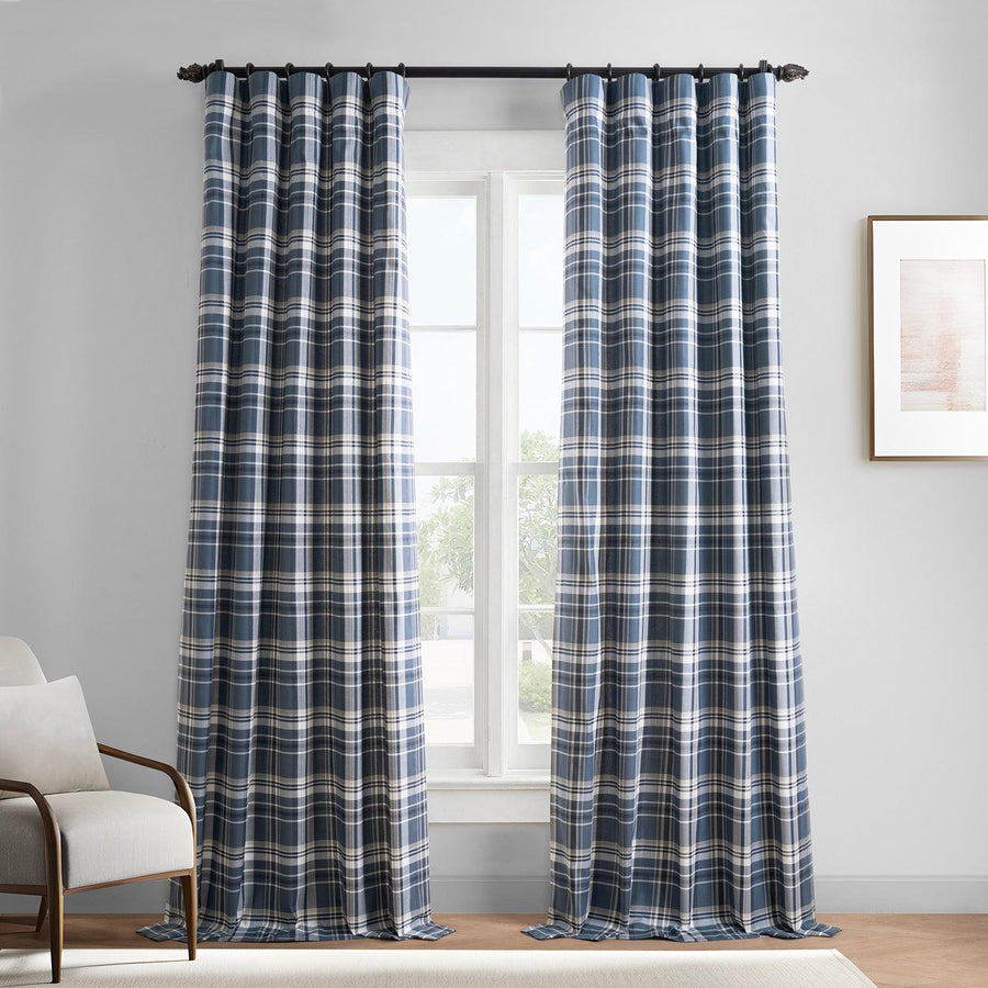 Classic Indigo Plaid Heritage Weave Cotton Room Darkening Curtain Pair (2 Panels) - HalfPriceDrapes.com