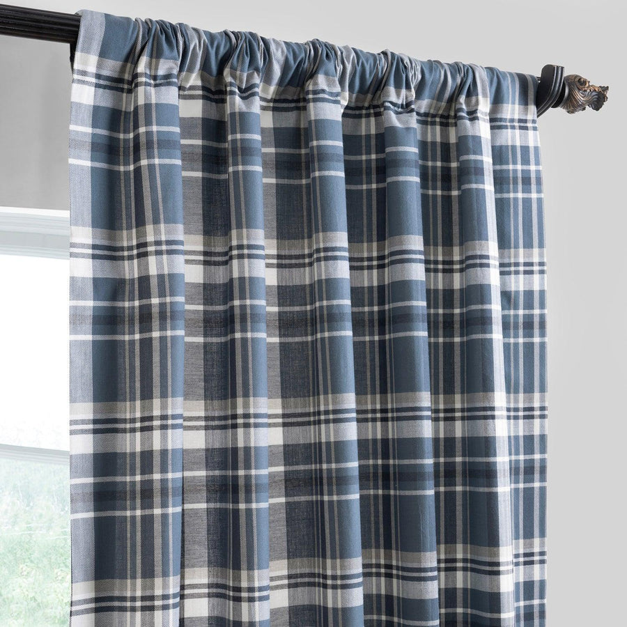 Classic Indigo Plaid Heritage Weave Cotton Room Darkening Curtain Pair (2 Panels) - HalfPriceDrapes.com